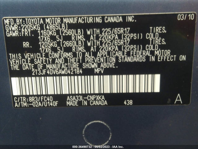 2010 TOYOTA RAV4 VIN: 2T3JF4DV6AW042184