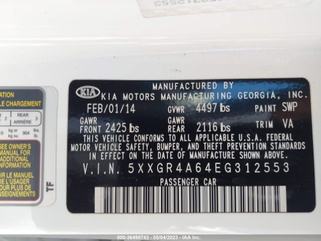 5XXGR4A64EG312553 KIA Optima Sxl Turbo