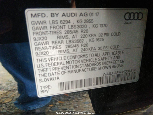 2017 AUDI Q7 PREMIUM PLUS VIN: WA1LHAF76HD043191
