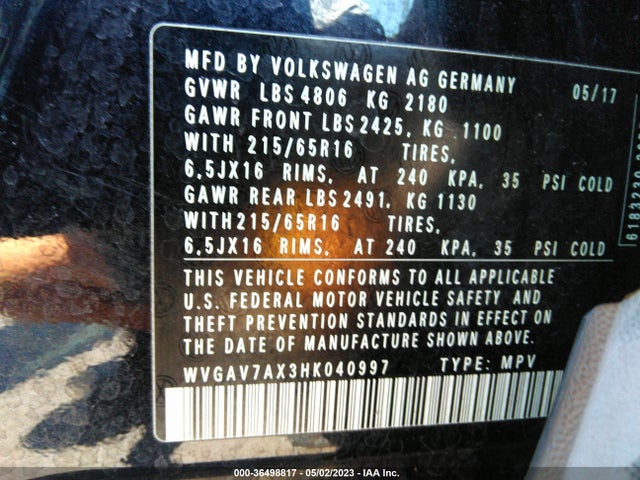 Aukcja sprzedaży 2017 Volkswagen Tiguan, vin: WVGAV7AX3HK040997, numer aukcji: 36498817