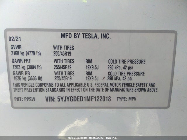 2021 TESLA MODEL Y STANDARD RANGE VIN: 5YJYGDED1MF122018