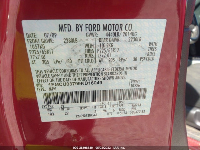2009 FORD ESCAPE XLT VIN: 1FMCU03799KD16049