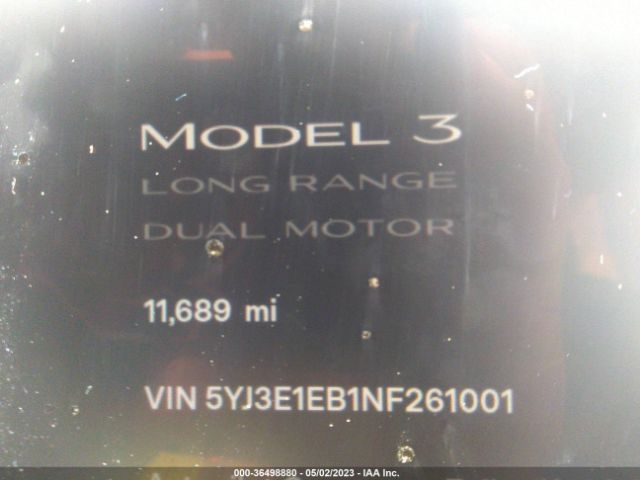 5YJ3E1EB1NF261001 Tesla Model 3 Long Range