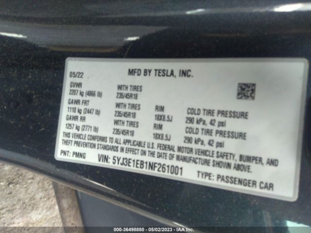 5YJ3E1EB1NF261001 Tesla Model 3 Long Range