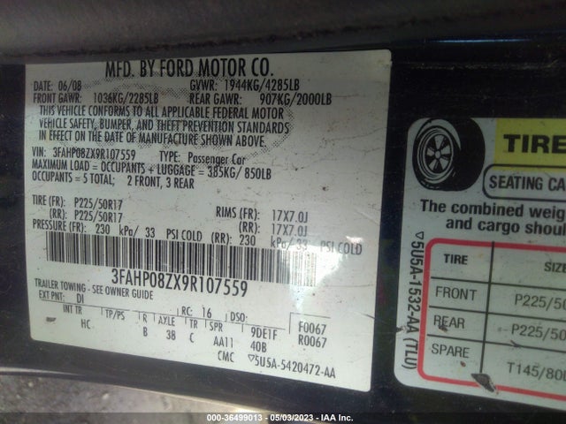 2009 FORD FUSION SEL VIN: 3FAHP08ZX9R107559