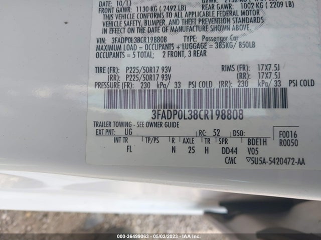 2012 FORD FUSION HYBRID VIN: 3FADP0L38CR198808