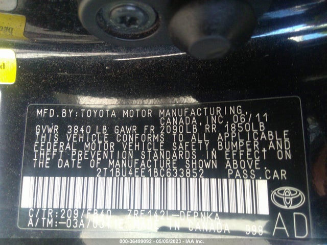 2011 TOYOTA COROLLA L/LE/S VIN: 2T1BU4EE1BC633852