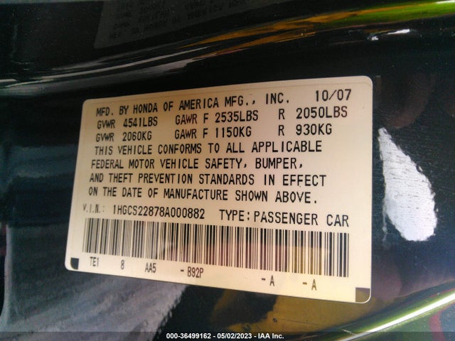 2008 HONDA ACCORD 3.5 EX-L VIN: 1HGCS22878A000882