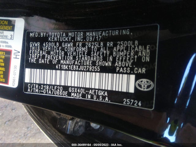 2018 TOYOTA AVALON XLE/XLE PLUS VIN: 4T1BK1EBXJU279255