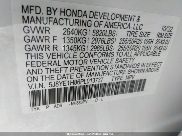 5J8YE1H86PL013737 Acura Mdx W/advance Package