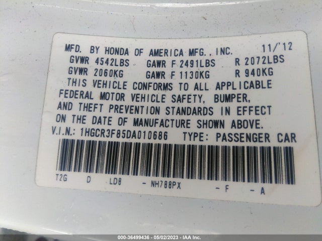 2013 HONDA ACCORD SDN EX-L VIN: 1HGCR3F85DA010686