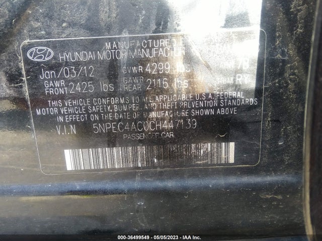 2012 HYUNDAI SONATA VIN: 5NPEC4AC0CH447139