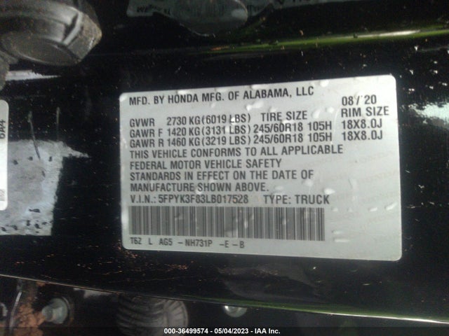 Honda Ridgeline Black Edition 2020 5FPYK3F83LB017528 Image 9