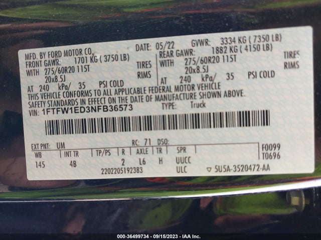 2022 FORD F-150 XL/XLT/LARIAT VIN: 1FTFW1ED3NFB36573