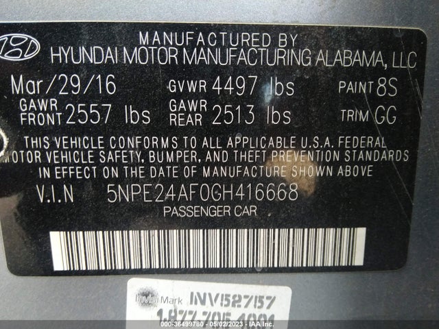 Hyundai Sonata 2.4l 2016 5NPE24AF0GH416668 Image 10