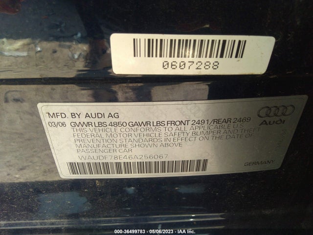 2006 AUDI A4 2.0T VIN: WAUDF78E46A256067