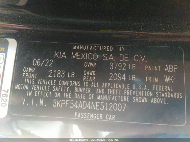 3KPF54AD4NE512007 KIA Forte Gt-line