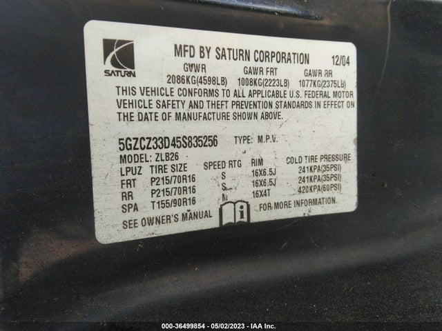 2005 SATURN VUE VIN: 5GZCZ33D45S835256