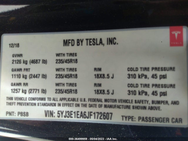 Tesla Model 3 Mid Range/long Range 2018 5YJ3E1EA6JF172607 Image 9