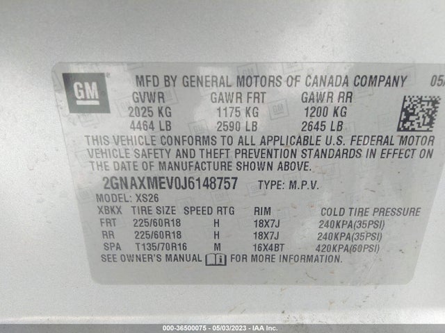 2018 CHEVROLET EQUINOX PREMIER VIN: 2GNAXMEV0J6148757