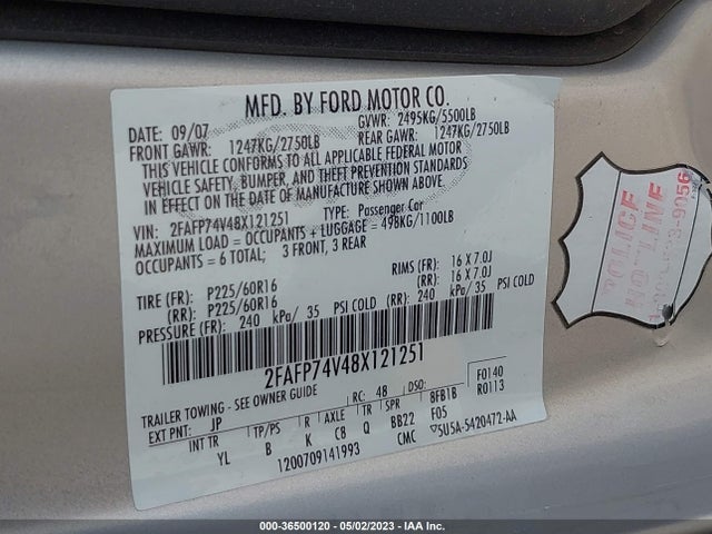 2008 FORD CROWN VICTORIA LX VIN: 2FAFP74V48X121251