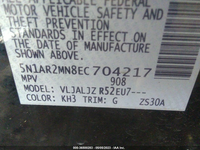 2014 NISSAN PATHFINDER PLATINUM VIN: 5N1AR2MN8EC704217