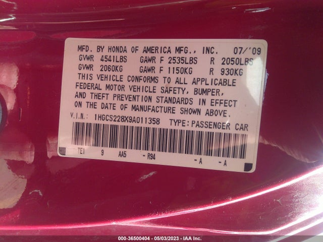 2009 HONDA ACCORD CPE EX-L VIN: 1HGCS228X9A011358
