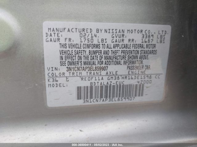 3N1CN7AP3EL859907 Nissan Versa S Plus