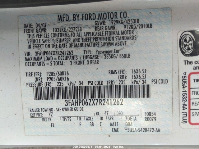 2007 FORD FUSION S VIN: 3FAHP06ZX7R241262