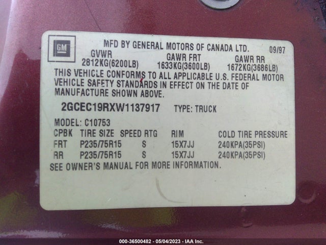 1998 CHEVROLET C/K 1500 VIN: 2GCEC19RXW1137917