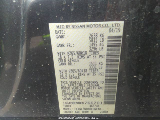 1N6AD0EV0KN766701 Nissan Frontier Sv