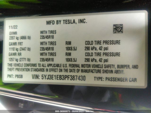 5YJ3E1EB3PF387430 Tesla MODEL 3