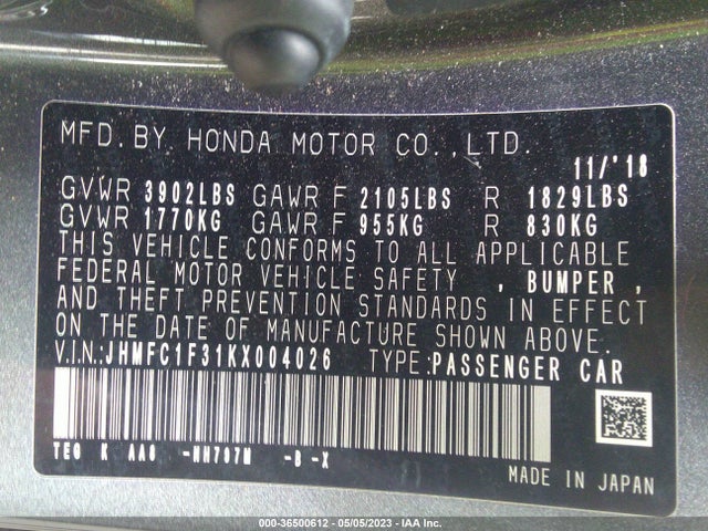 Honda Civic Sedan Ex 2019 JHMFC1F31KX004026 Image 10