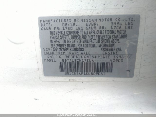 3N1CN7AP1KL802083 Nissan Versa Sedan Sv