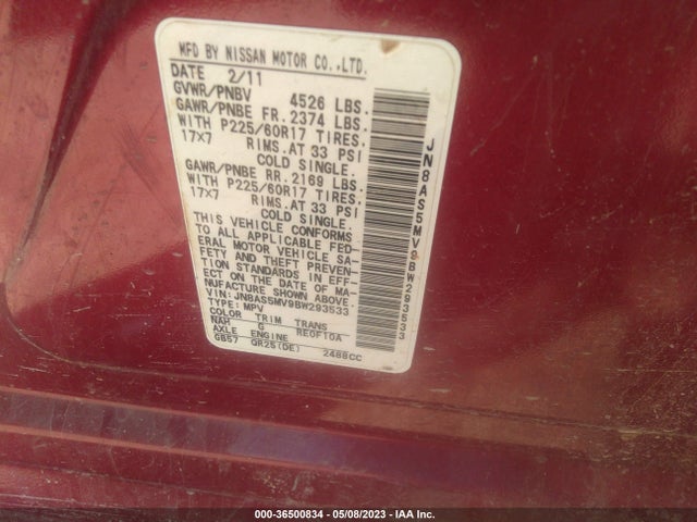 2011 NISSAN ROGUE SV VIN: JN8AS5MV9BW293533