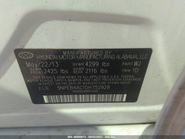 2013 HYUNDAI SONATA GLS VIN: 5NPEB4AC1DH752928
