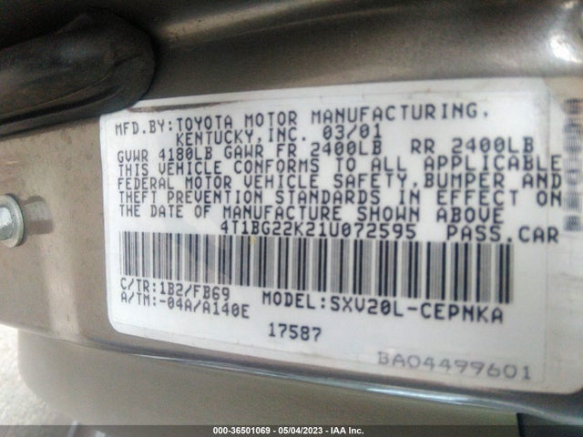 2001 TOYOTA CAMRY CE/LE/XLE VIN: 4T1BG22K21U072595