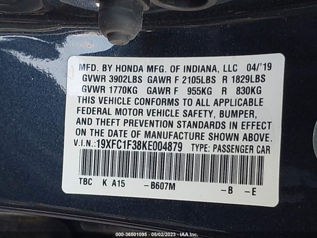 2019 HONDA CIVIC SEDAN EX VIN: 19XFC1F38KE004879