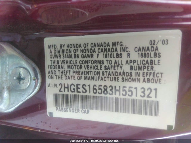 2003 HONDA CIVIC LX VIN: 2HGES16583H551321