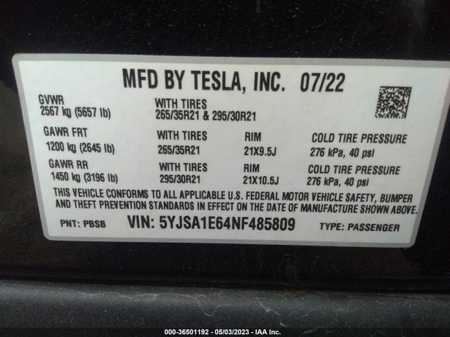Tesla Model S Plaid 2022 5YJSA1E64NF485809 Image 9