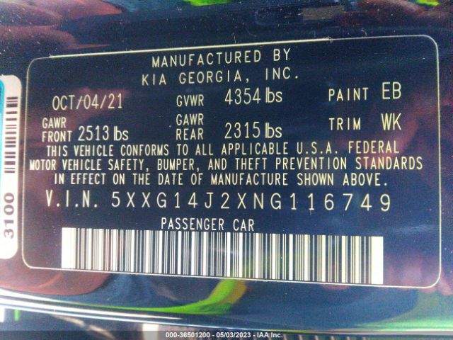 5XXG14J2XNG116749 KIA K5 LXS