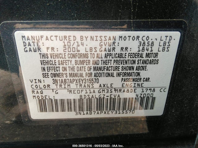 2014 NISSAN SENTRA SL VIN: 3N1AB7APXEY315570