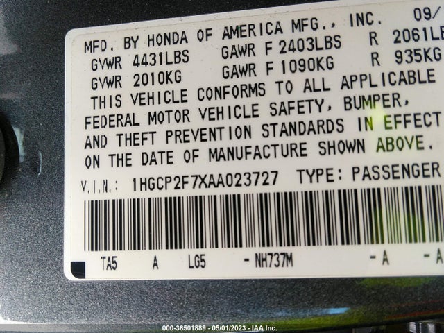 2010 HONDA ACCORD SDN EX VIN: 1HGCP2F7XAA023727