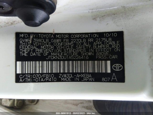 2010 TOYOTA PRIUS II/III/IV/V/I VIN: JTDKN3DU1A5226416