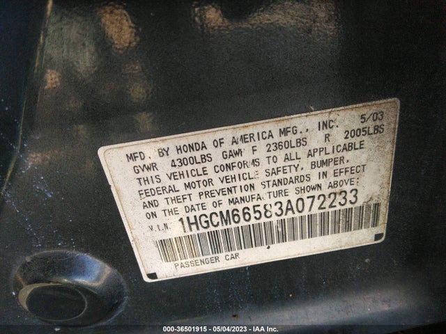 2003 HONDA ACCORD SDN EX VIN: 1HGCM66583A072233