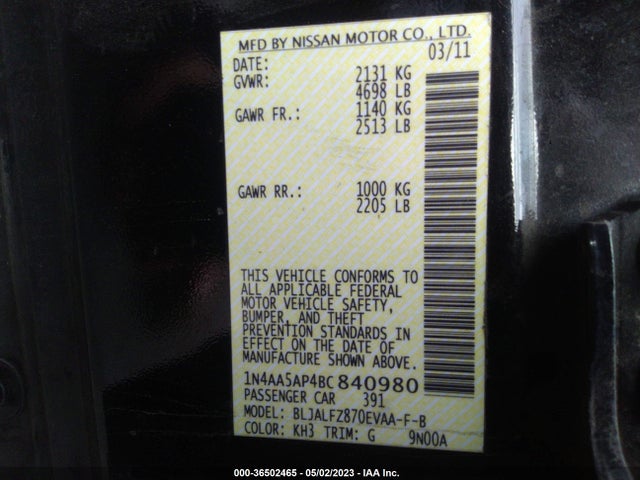 2011 NISSAN MAXIMA 3.5 SV VIN: 1N4AA5AP4BC840980