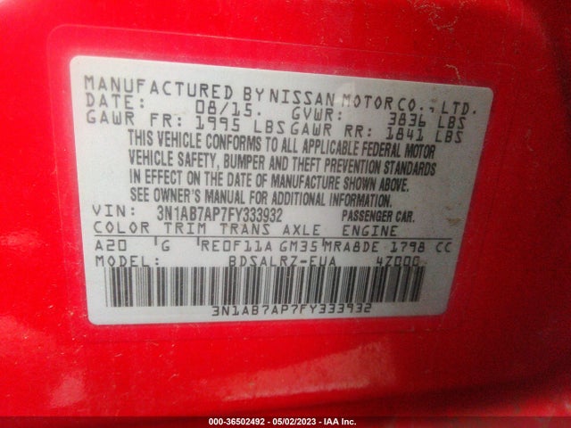 2015 NISSAN SENTRA SR VIN: 3N1AB7AP7FY333932