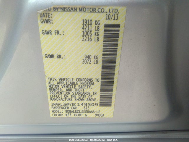 2014 NISSAN ALTIMA 2.5 S VIN: 1N4AL3AP7EC149509