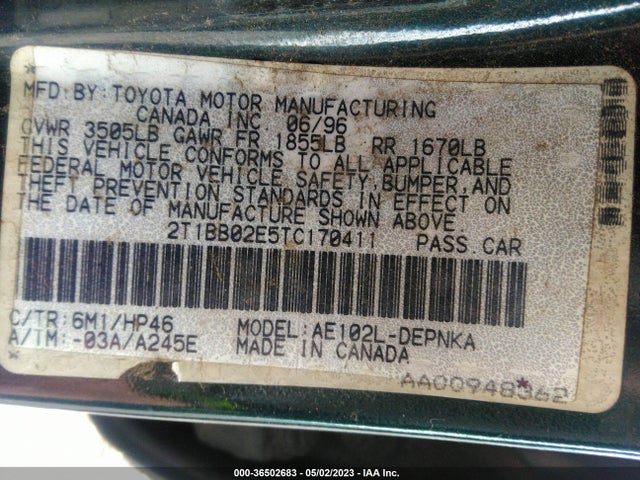 1996 TOYOTA COROLLA DX VIN: 2T1BB02E5TC170411