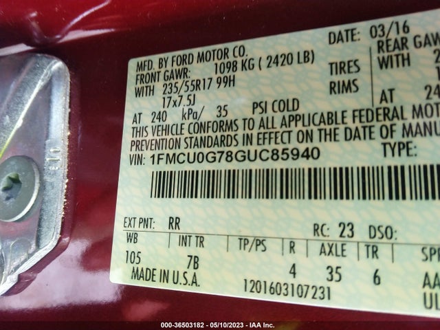 2016 FORD ESCAPE SE VIN: 1FMCU0G78GUC85940
